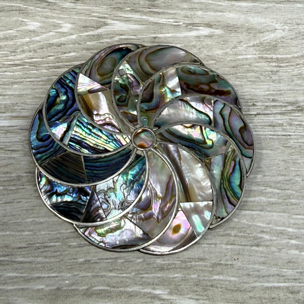 Vintage Alpaca Mexico Silver Inlaid Abalone Flower Brooch Pendant - Picture 2 of 9